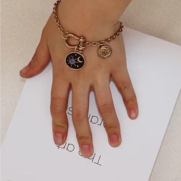 Gold and Blue Rhinestone Star Crescent Toggle Moon Pendant Necklace Bracelet Set - Picture 3 of 10